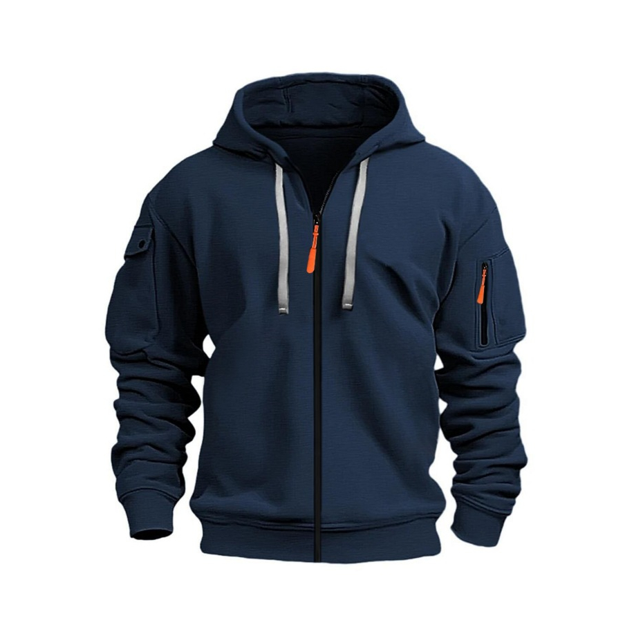 Moletom masculino azul poliéster com capuz e zíper cardigã com vários bolsos Casual Sweatshi