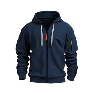 Moletom masculino azul poliéster com capuz e zíper cardigã com vários bolsos Casual Sweatshi