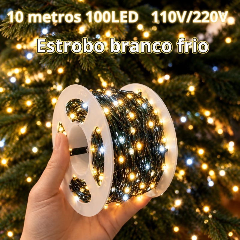 Luzes de Natal com Plugue e Interruptor Pisca Strobo Pisca 10m 100LEDs 110V/220V luz quente Enfeite natalino impermeável