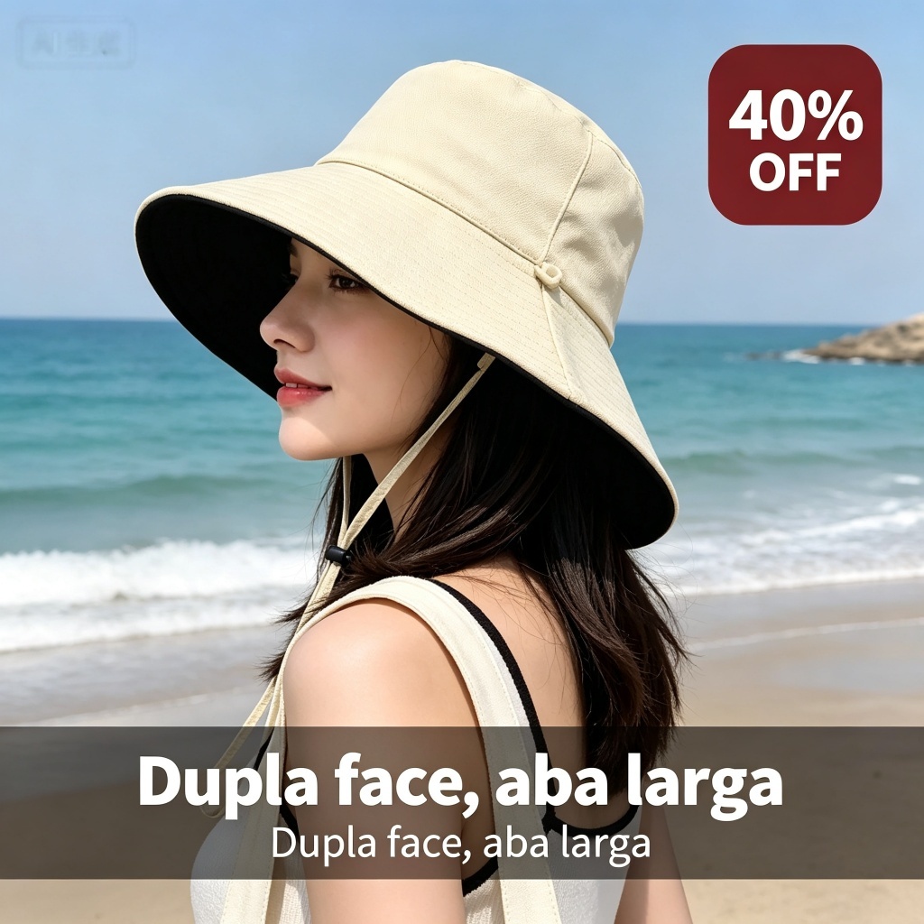 Chapéu balde dupla face, aba larga, guarda-sol, corda à prova de vento, chapéu de sol feminino, viagem na praia
