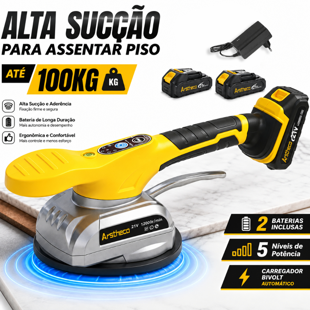 Máquina Assentar Piso Porcelanato Com Ventosa E Vibração 2 Baterias 21V Arstheco