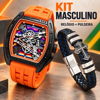 Kit Relógio Masculino Esportivo Luxo + Pulseira Trançada com Cruz, Relógio de Quartzo, Estilo Moderno e Casual, Presente
