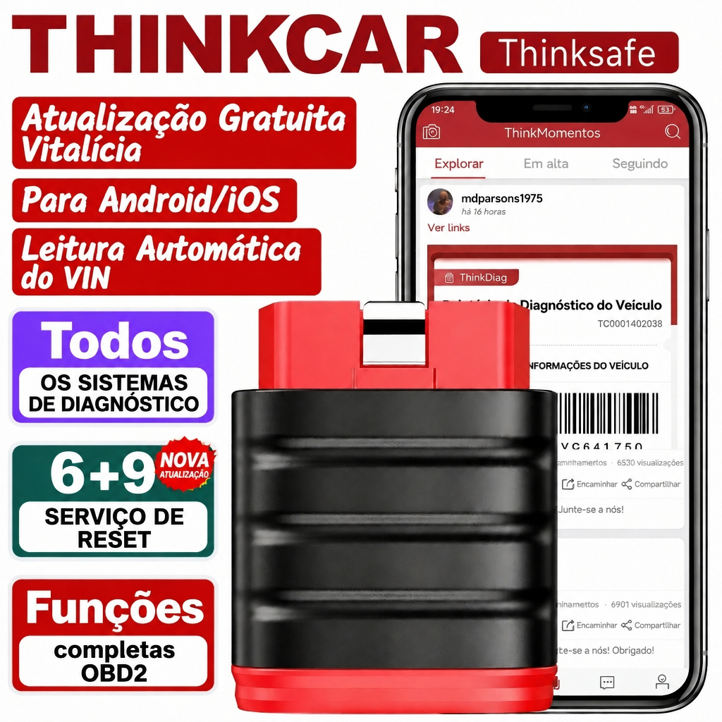 Scanner OBD2, ThinkSafe THINKCAR, Bluetooth, Diagnóstico todos os sistemas, 15 funções especiais, ferramenta automotiva