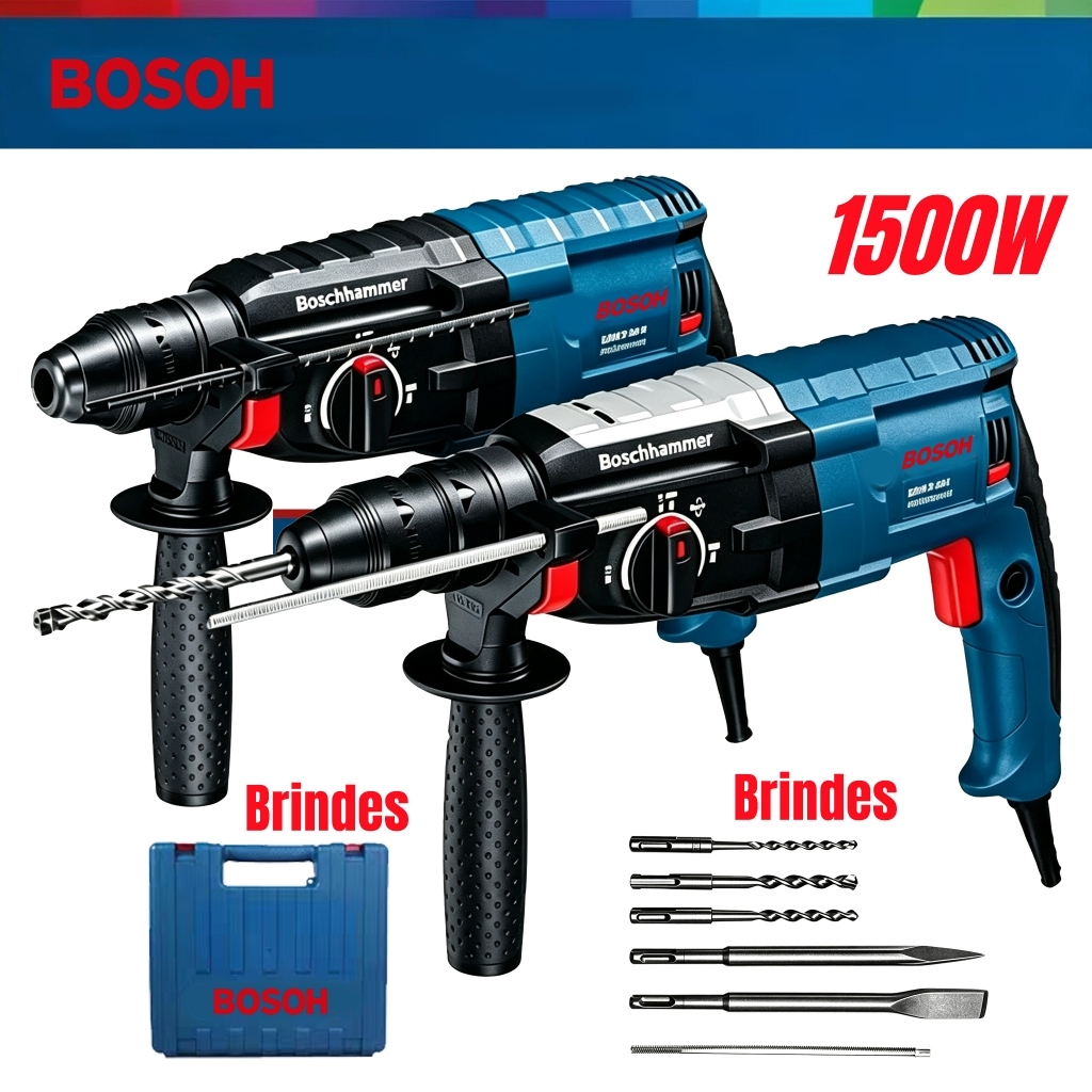 Bosch Martelete Furadeira de Impacto Rotativo 5kg Rompedor Demolidor Perfurador 1500w Com Acessorios