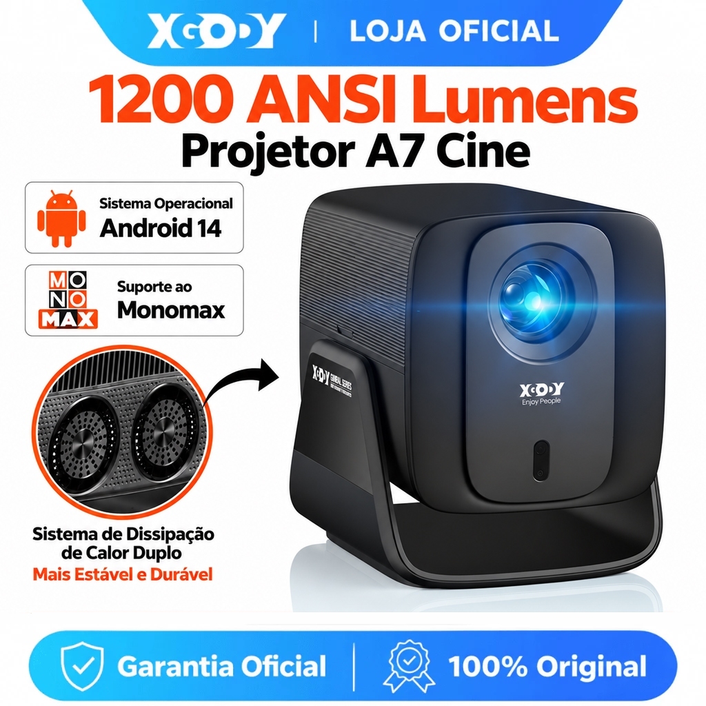 [Mais Vendido] Projetor XGODY A7 Ultra 1300 ANSI, 2GB+16GB, Android 14, Full HD 1080P, Portátil com Estabilização