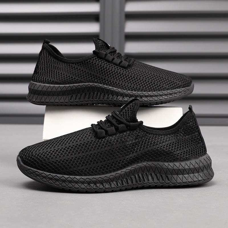 Sapatos masculinos de malha preta respirável, confortáveis, antiderrapantes, resistentes ao desgaste, calçados esportivo