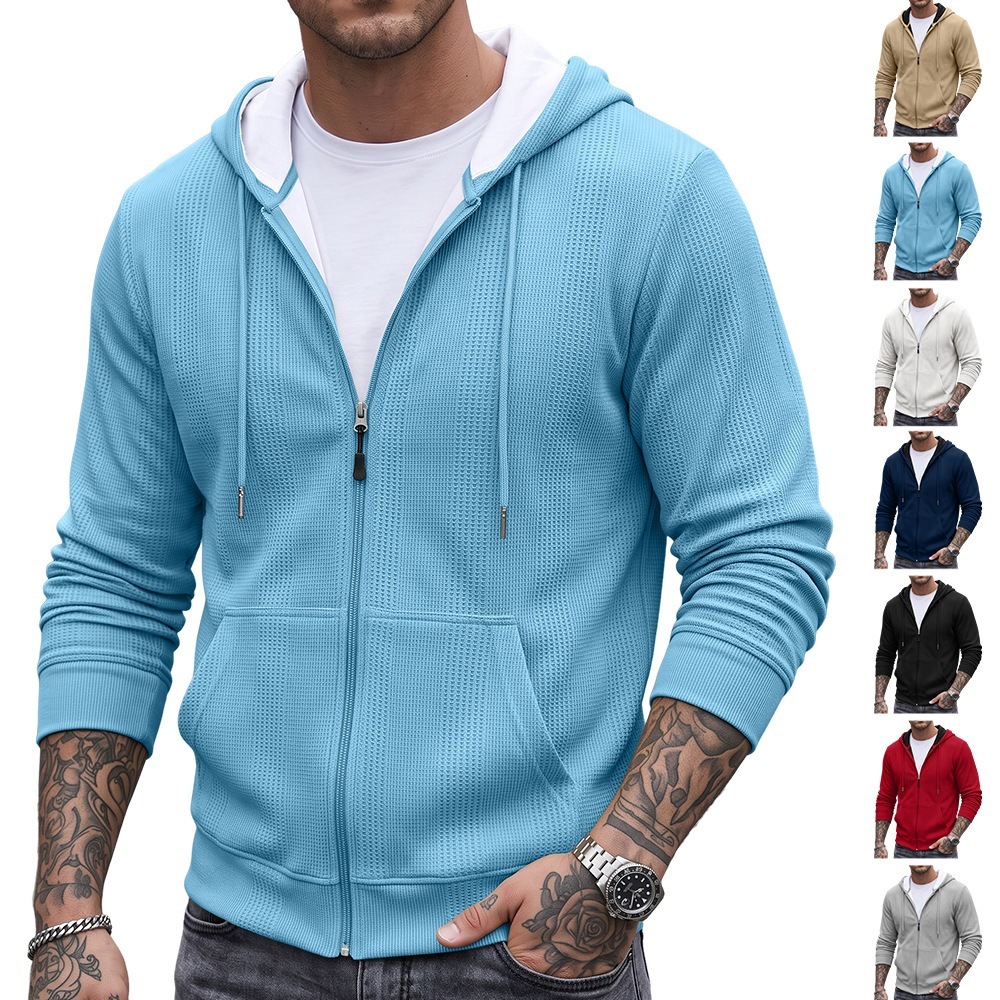Jaqueta Masculina De Malha Waffle Com Capuz E Zíper Completo , Texturizada Quente Grossa