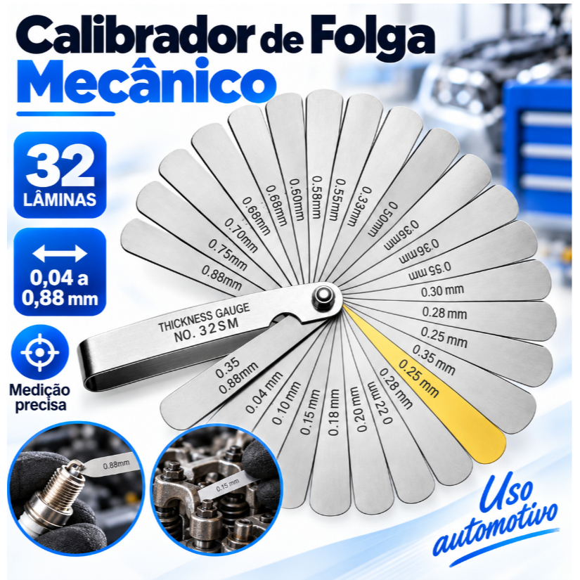 Kit 32 Lâminas Calibre de Folga 0.04-0.88mm Métrico/Imperial Cobre - Ferramenta de Precisão