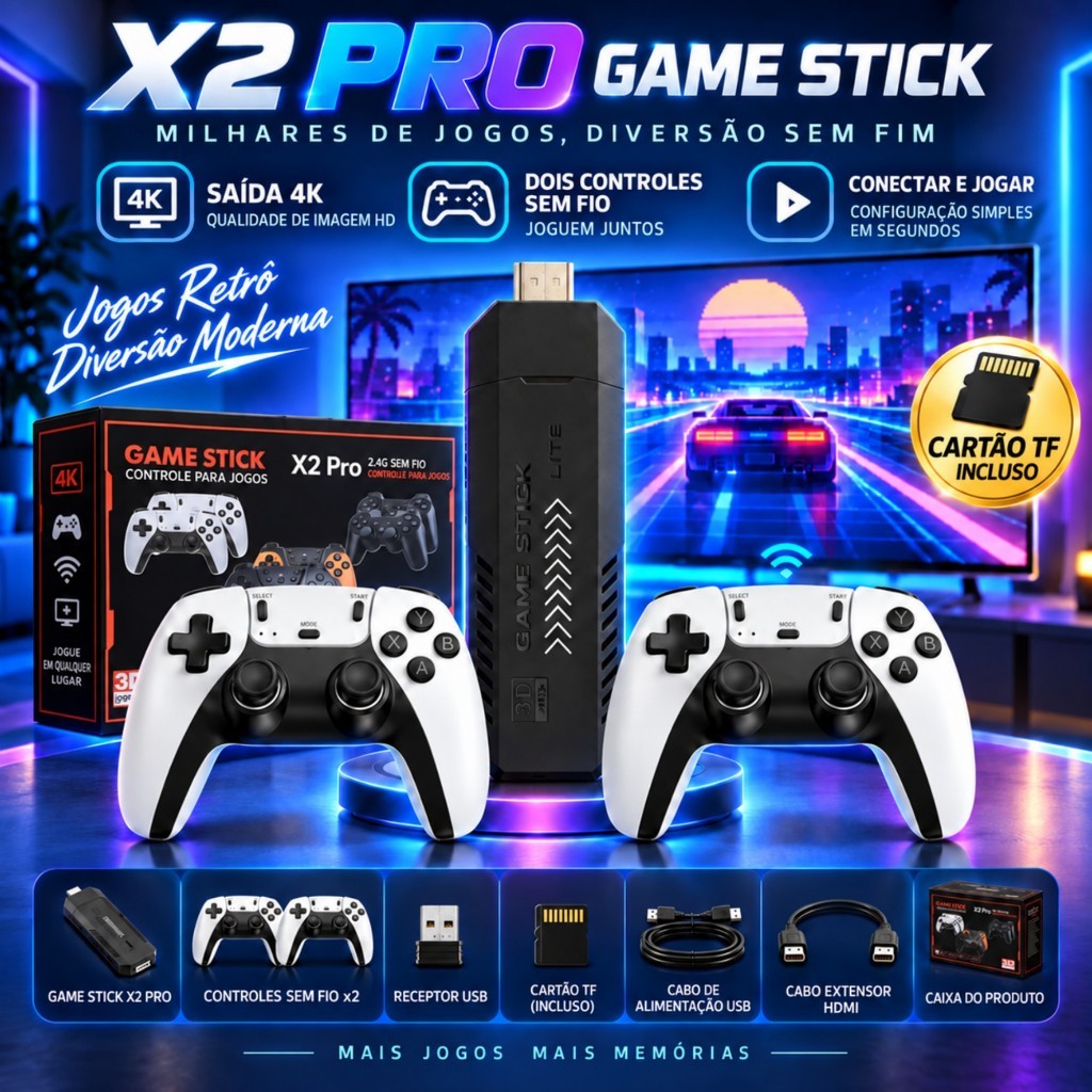 X2 Pro 4K Retro Game Stick 64GB/128GB TV Console Duplo 2.4G Controladores Sem Fio Plug & Play HDMI Conjunto De Jogos