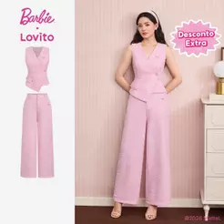 (New Arrival) Barbie™ X Lovito Elegantes Calças Ou Tops Corderosa Bordados Com Botões Primavera/verão Para Mulheres PSBL6PAD020