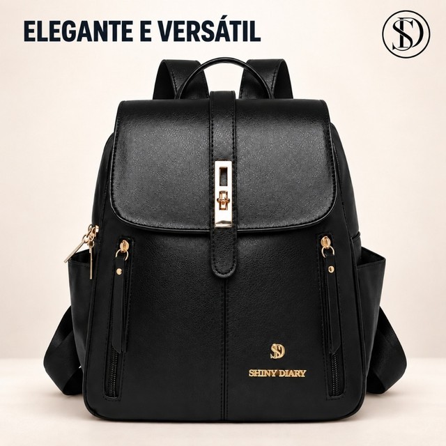 SD Mochila Feminina Média Universitária De Qualidade De Costas Em Couro Sintético Cangurus Preto