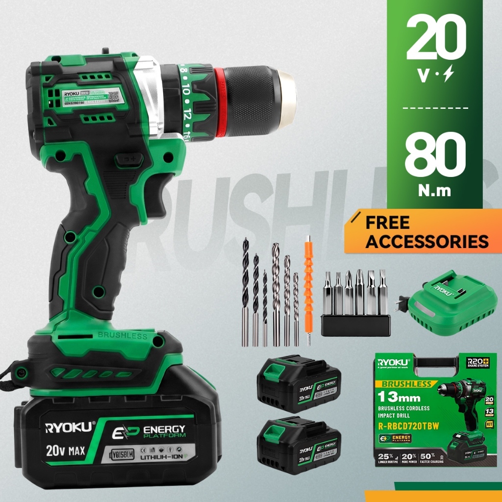 Conjunto profissional de furadeira de impacto sem escova RYOKU 20V Mandril de 13 mm 80N M Mudança de velocidade dupla Ba