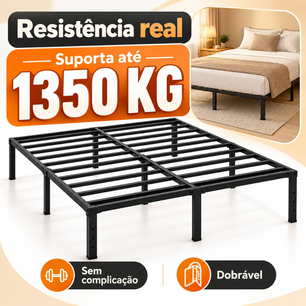 Estrutura de cama metálica para casal/solteiro – com suporte de barras de aço, dobrável e fácil de montar