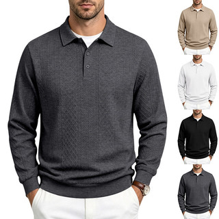 Camisa Polo Masculina De Manga Comprida Para Negócios , Pulôver De Malha Jacquard Texturizado