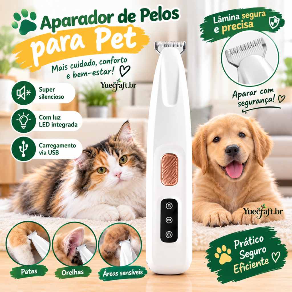 Máquina de Tosa Pet para Cães e Gatos Recarregável USB LED Baixo Ruído Aparador de Pelos para Patas