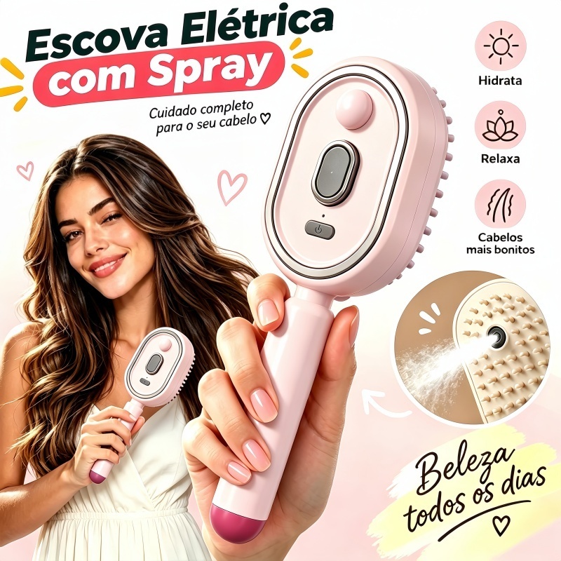 Escova Massageadora Elétrica Spray Óleo Luz Vermelha Pente Couro Cabeludo Recarga USB