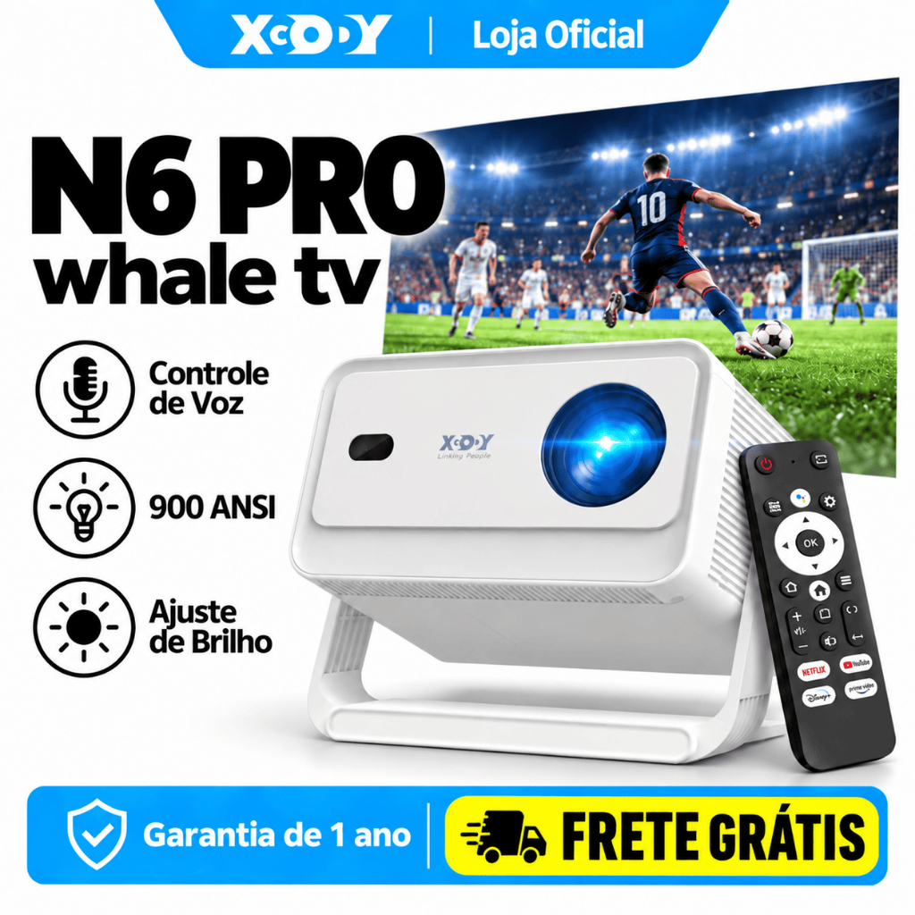 XGODY Gimbal N6PRO Projetor Ultra HD 2GB + 16GB 900ANSI 4K Foco Automático 5W Alto-Falante Wifi 6 Netflix Original