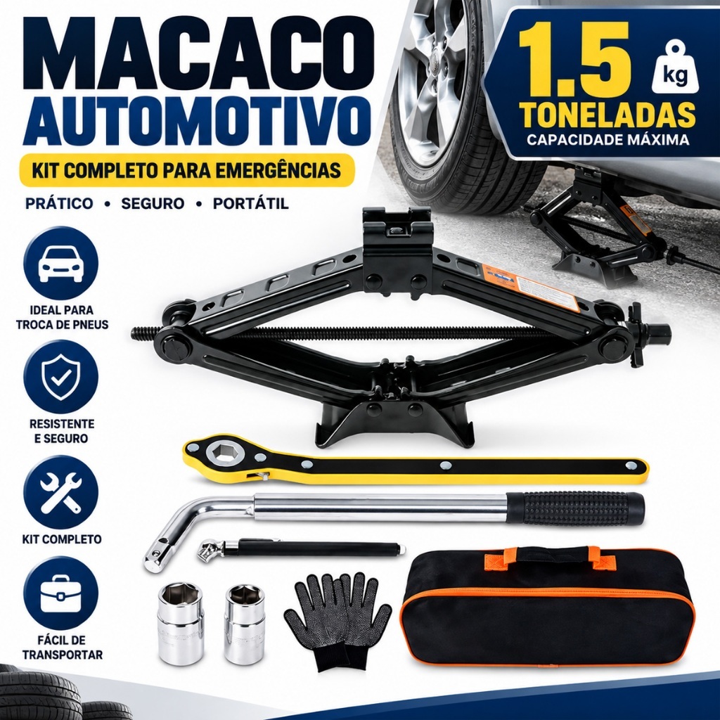 Macaco Sanfona Universal 1.5 Toneladas-Kit 2/7 PCS Com Chave Catraca Para Carros