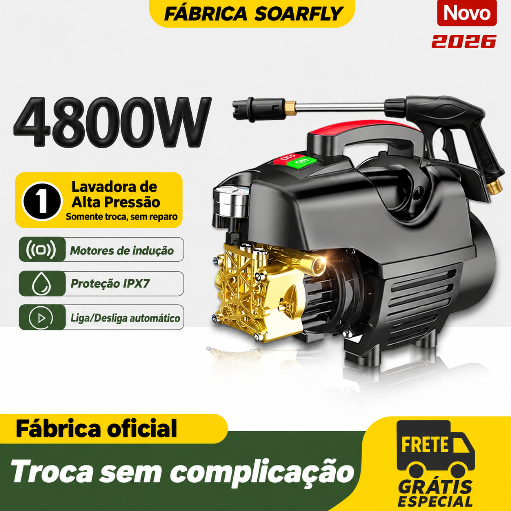 Lavadora de Alta Pressão SOARFLY 4800W Portátil com Pistola Curta Mangueira de 7m e Manômetro para Carros e Uso Doméstic