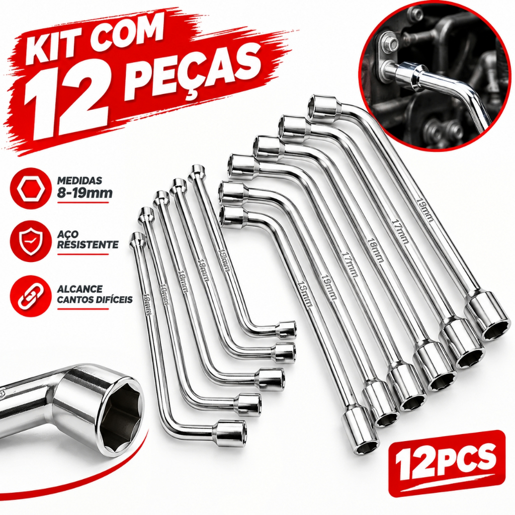 Kit 12 Peças Jogo de Chave Biela Kit Ferramentas 8 a 19mm Kit Ferramentas Jogo Chaves Biela Chave Boca