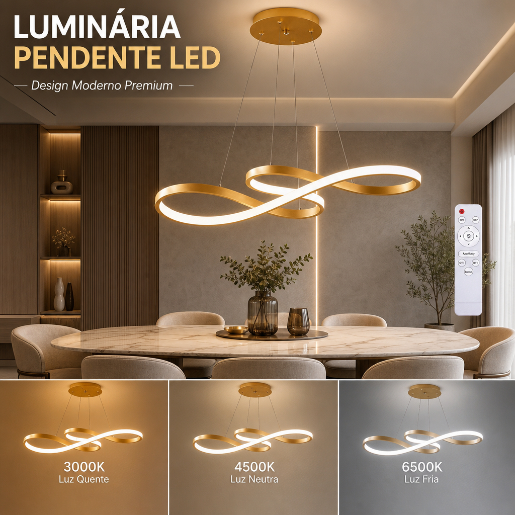 Lustre Pendente LED Moderno 65W 75cm 3 Cores Bivolt Controle Remoto Altura Regulável para Teto