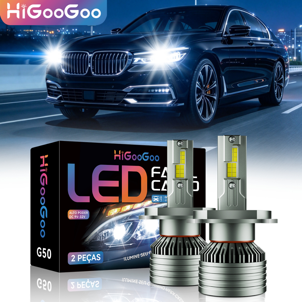 HiGooGoo Dois Anos G50 30000LM Carro De Led Lâmpadas 150W Par De Farol Luz H1 H3 H4 H7 H11 H27 HB3(9005) HB4(9006) 6500K