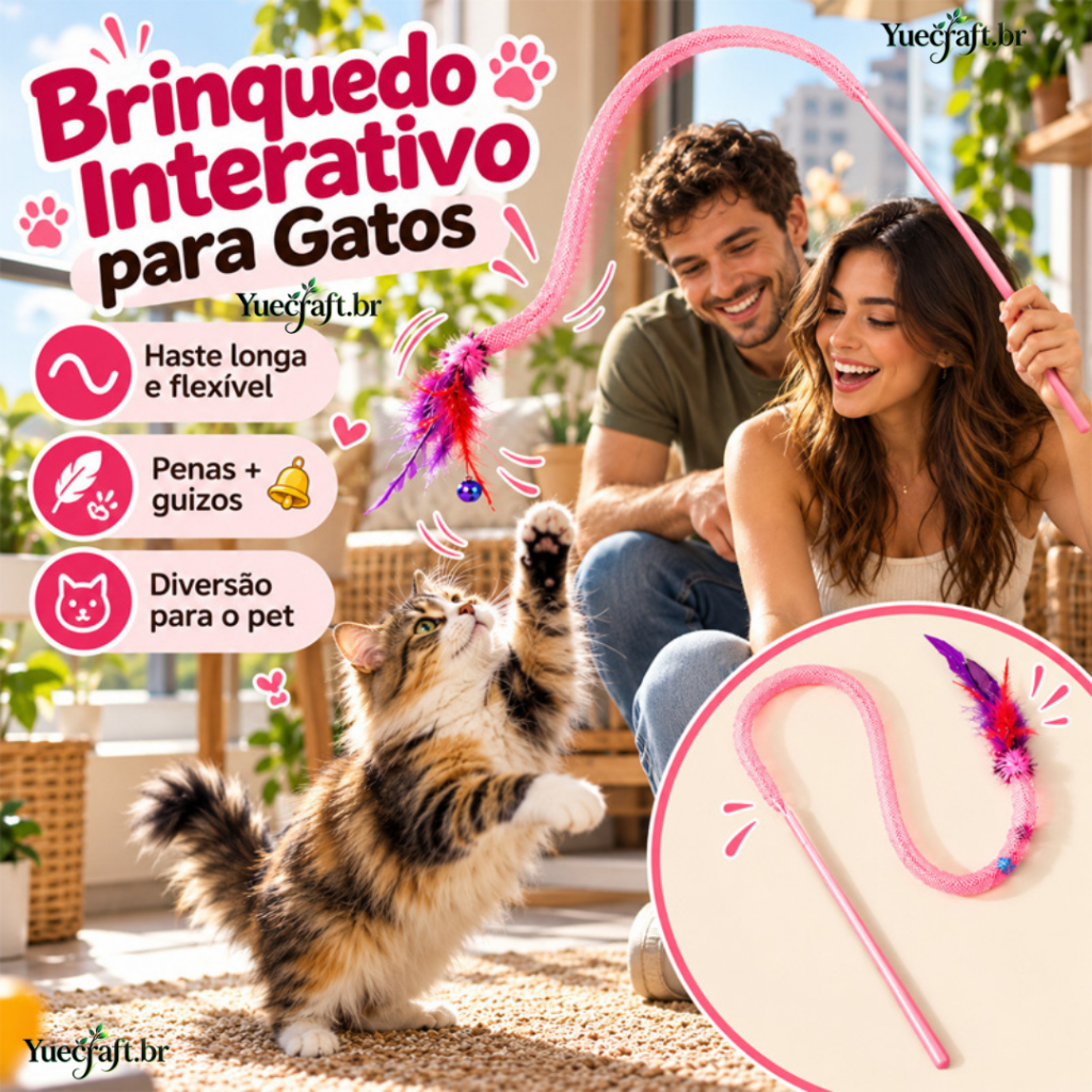 Varinha Interativa para Gatos com Penas e Sino, Brinquedo para Gatos com Tubo Flexível