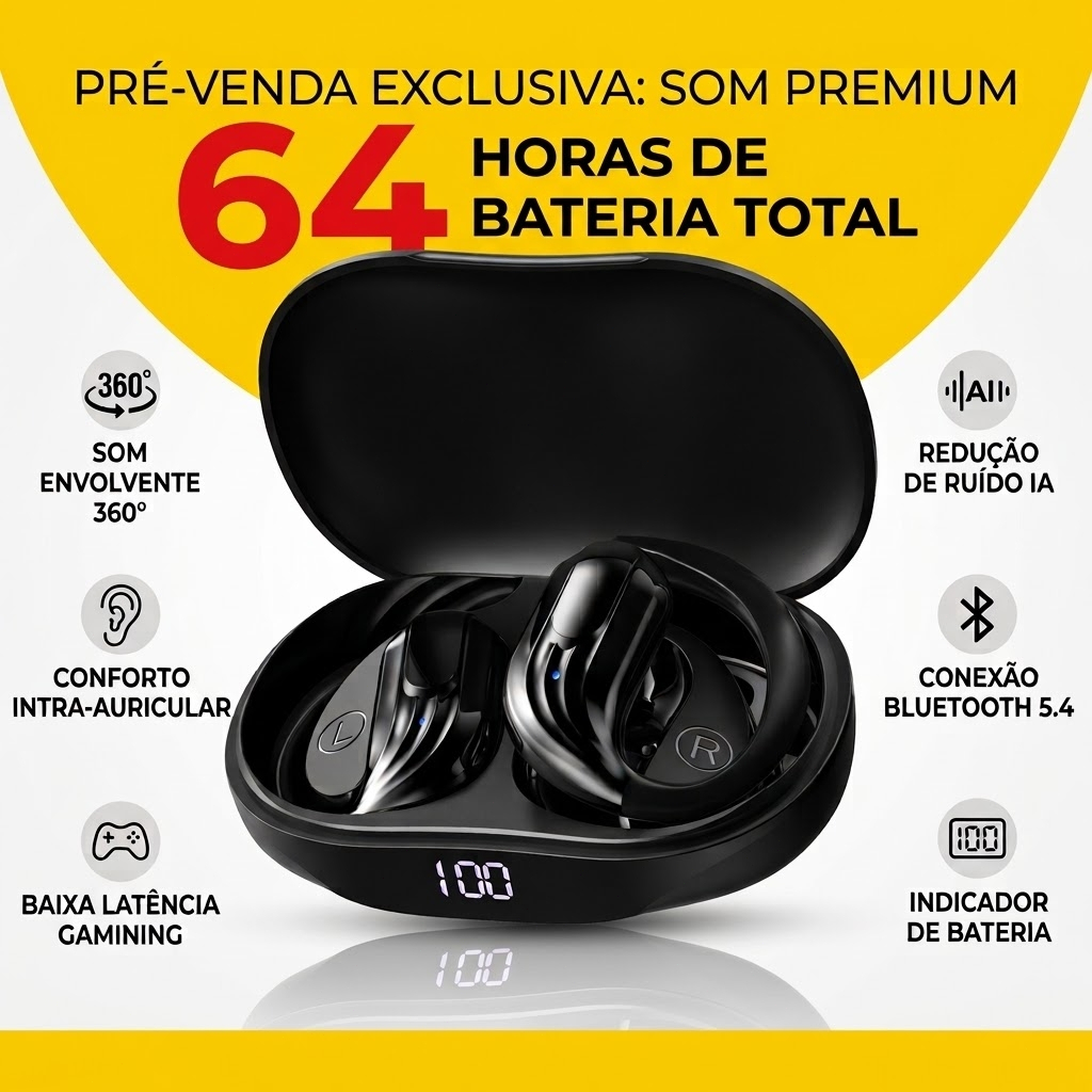 Fone de ouvido Bluetooth sem fio Q13 TWS 5.4 64h Bateria Display Digital Cancelamento de Ruído AI 360° Som Surround
