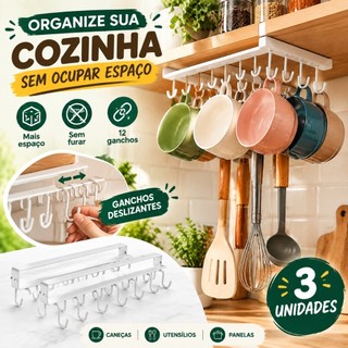 Suporte Suspenso para Copos Cozinha Sem Furo Organizador Armário 12 Ganchos Deslizantes