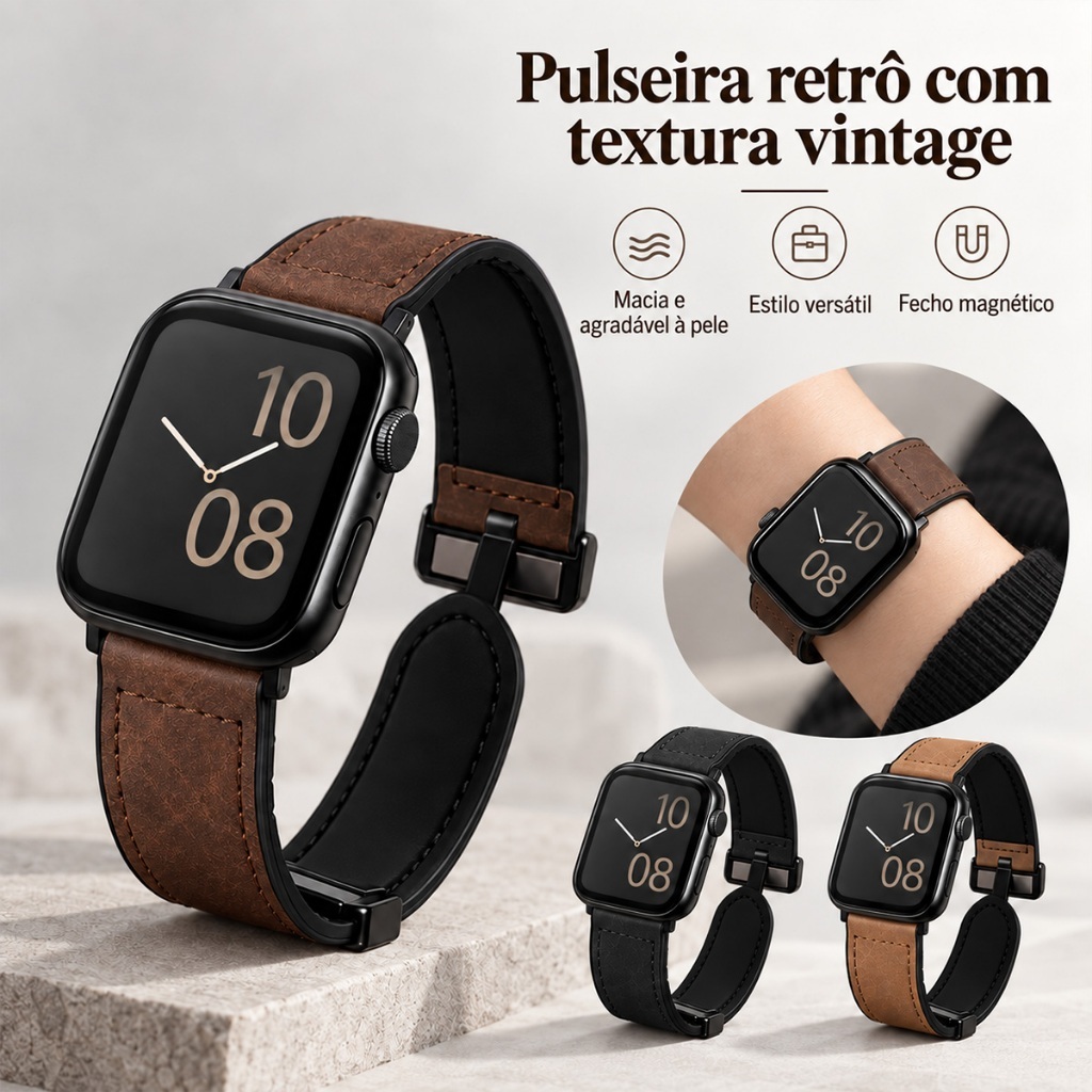 Pulseira De Relógio De Couro Vintage Com Fivela Magnética Base De Silicone Macio Para Smartwatch