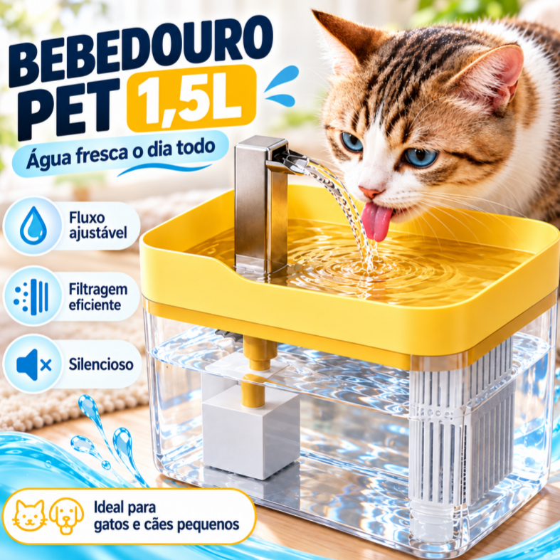 Bebedouro Automático para Gatos e Cães: Circulação de Água com Filtro de 1,5 Litro e Base Segura
