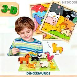 Brinquedo Quebra-Cabeça Montessori de Encaixe, Tabuleiro com Pinos, Animais, Dinossauros e Formas, Educativo Infantil