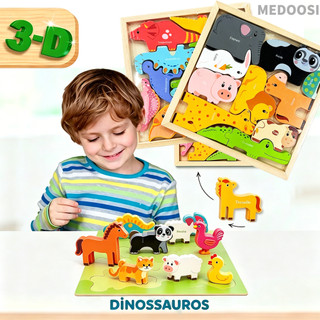 Brinquedo Quebra-Cabeça Montessori de Encaixe, Tabuleiro com Pinos, Animais, Dinossauros e Formas, Educativo Infantil