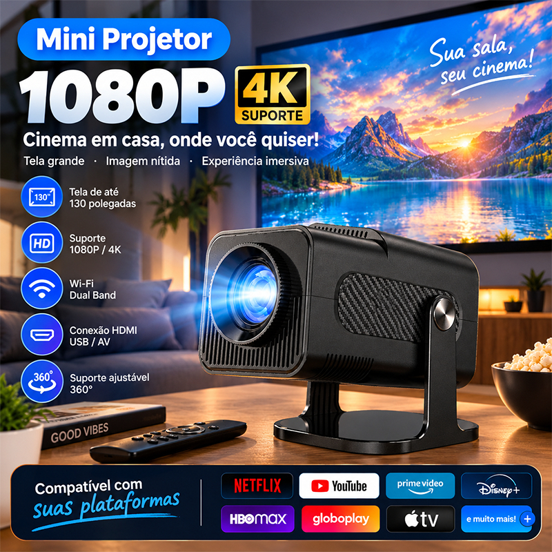 Projetor HY320 Mini Full HD 1080p Portátil, Suporte 4K, Bluetooth, HDMI USB, Cinema e Jogos em Casa