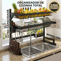 Escorredor de Louças inox Duplo Inox para Pia – Organizador de Cozinha com Suporte Multifuncional, Dreno Direto Preto