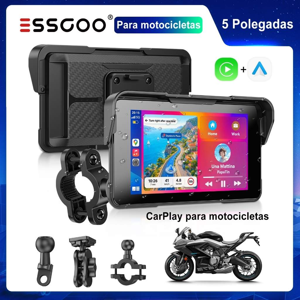 ESSGOO Tela De Motocicleta Com CarPlay/Android Auto De 5 Polegadas Suporta Conectividade De Telefone Fone De Ouvido BT