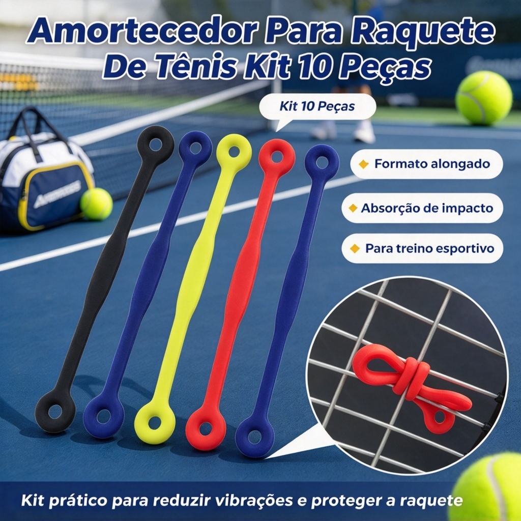 Amortecedor Para Raquete De Tênis Kit 10 Peças Formato Alongado Absorção De Impacto Treino Esportivo