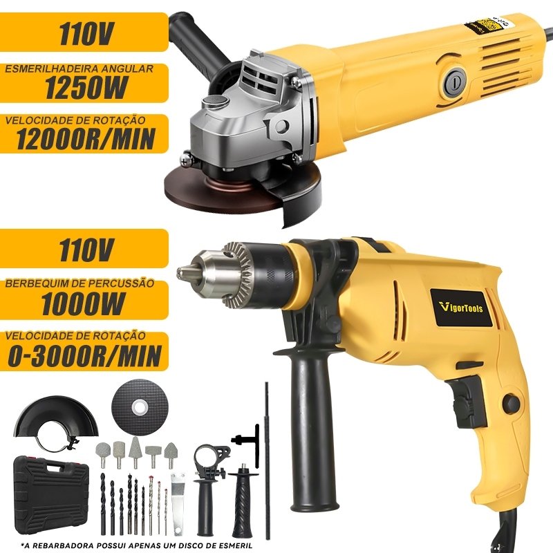 Kit Furadeira Parafusadeira 1000w + Esmerilhadeira 1250w 25pçs Com Maleta e Acessórios!!