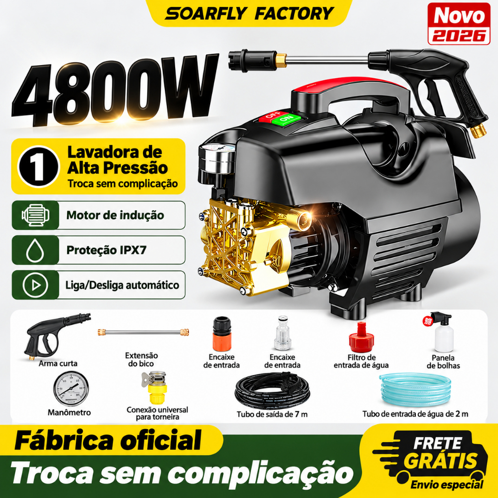 SOARFLY 4800W Lavadora portátil de alta pressão/lavadora de carro equipada com tubo de água de 7 m e acessórios de limpe
