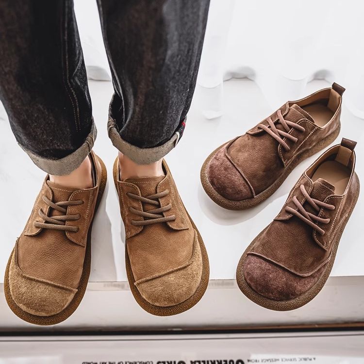 2026 Sapatos Masculinos Outono Novos Casuais Cabeça Larga Retro Baixo Topo Rendas Na Moda Versátil Couro Macio Fundo Mar