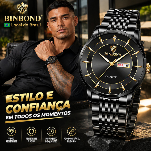 Original【‌com caixa‌】BINBOND Relógio de Quartzo negócios Masculino Minimalista Prova D'água 2077 HX DBX