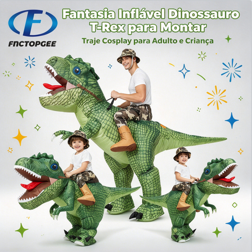 Fnctopgee Fantasia Inflável de Dinossauro T-Rex para Montar Adulto e Criança, Traje Cosplay Engraçado Carnaval