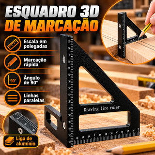Esquadro 3D para Marcenaria, Régua de Precisão com Medição e Traçado, Ferramenta de Carpintaria - Preto