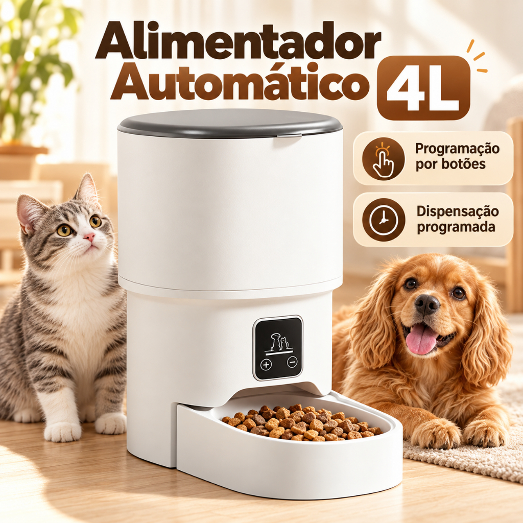 Alimentador Automático Pet 4L com Timer Digital, Porções Programáveis para Cães e Gatos, Pilhas, Antiobstrução