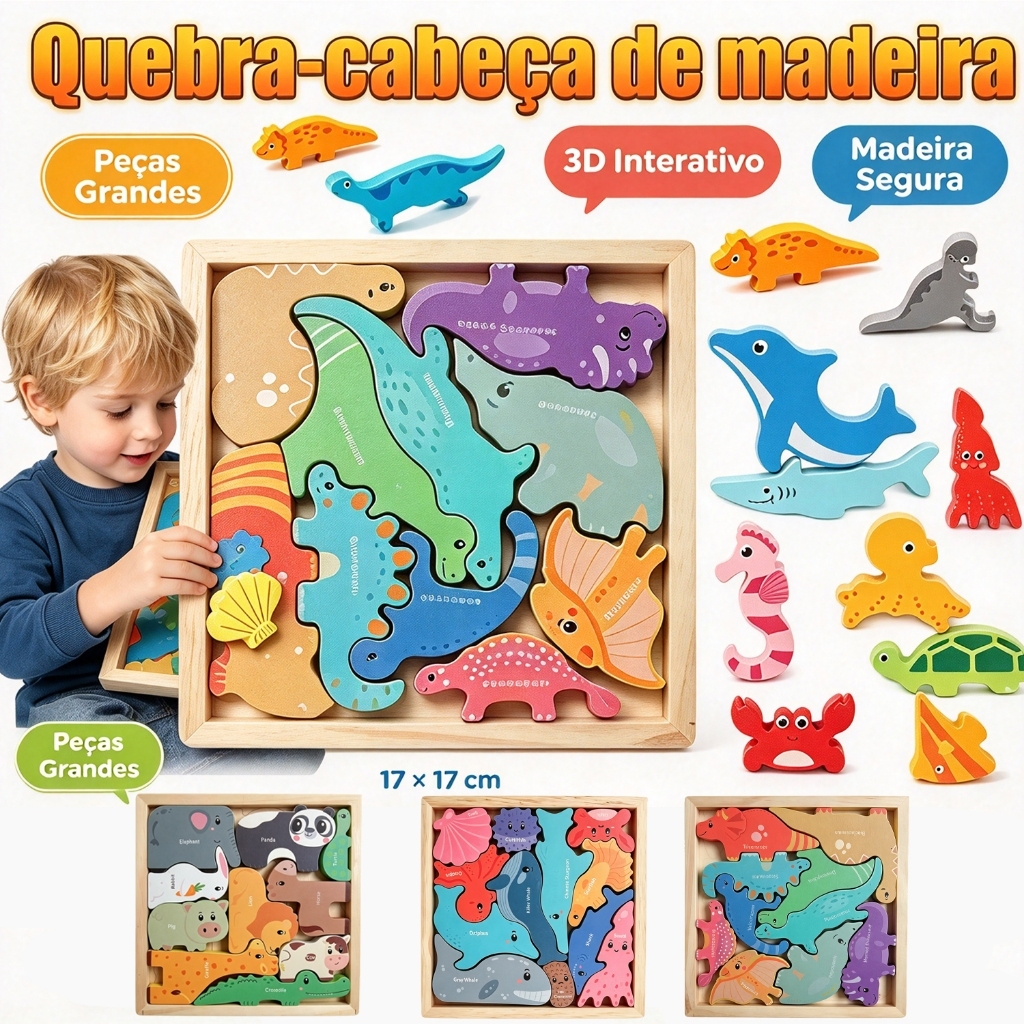 Quebra cabeça 3D de Madeira Montessori, Brinquedos educativos sensoriais para bebês,Quebra-cabeça de animais/oceano/dino