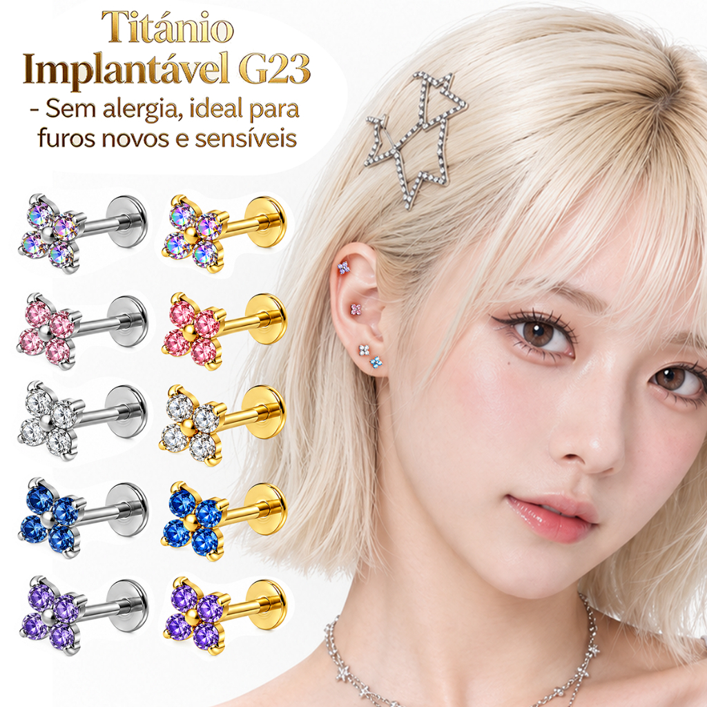 Brincos de metal de titânio F136 em formato de trevo de quatro folhas com uma ampla seleção de cores de zircônia disponí