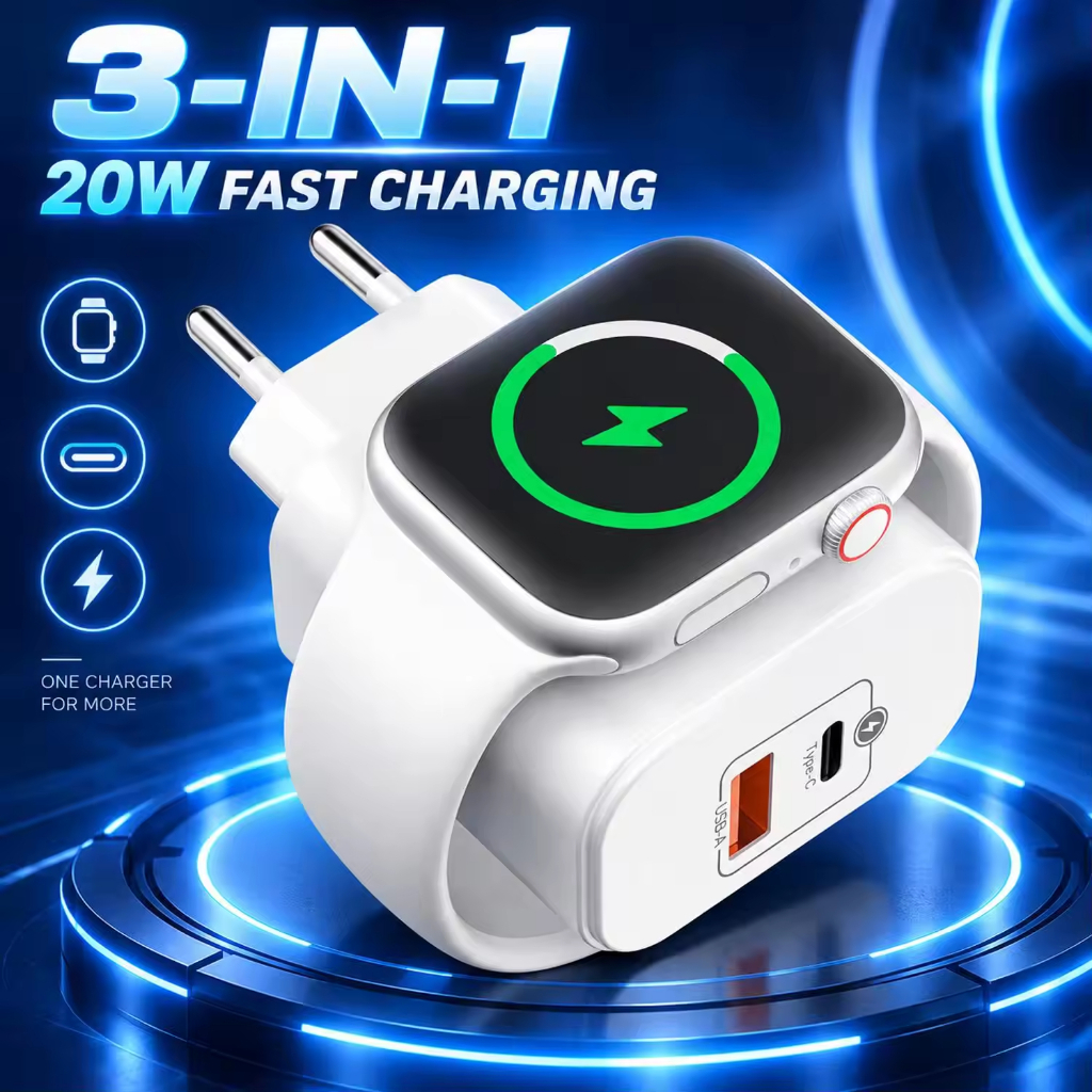 Carregador Sem Fio 3 Em 1 Para Apple Watch iPhone Ue Eua Bloco De Carregamento Rápido PD20W Com 2 Portas USB-C A