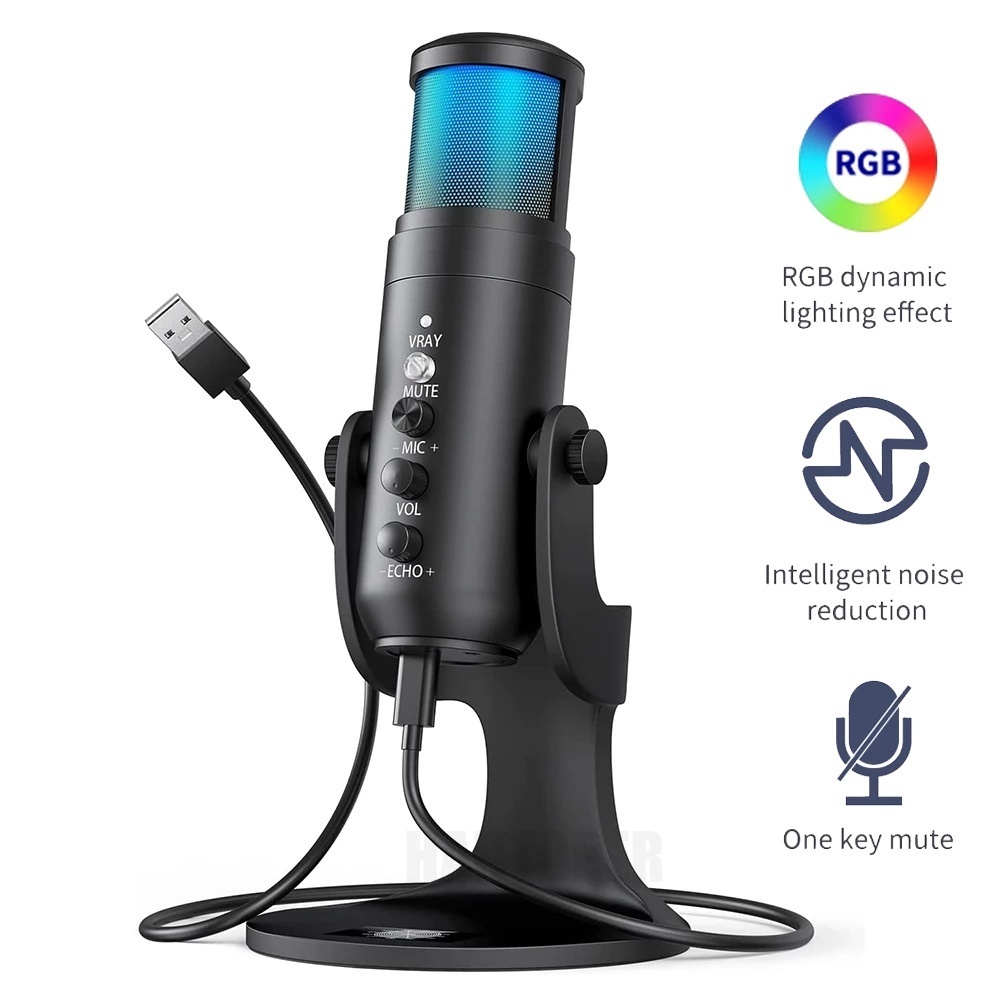 Microfone Condensador USB Com Suporte-Monitor Em Tempo Real Redução De Ruído Para Streaming De Jogos PC