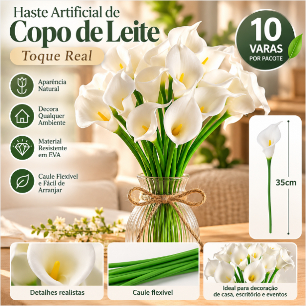 Kit 10 Hastes de Copo-de-Leite Artificial Toque Real – Flores Decorativas para Arranjos, Vasos e Eventos