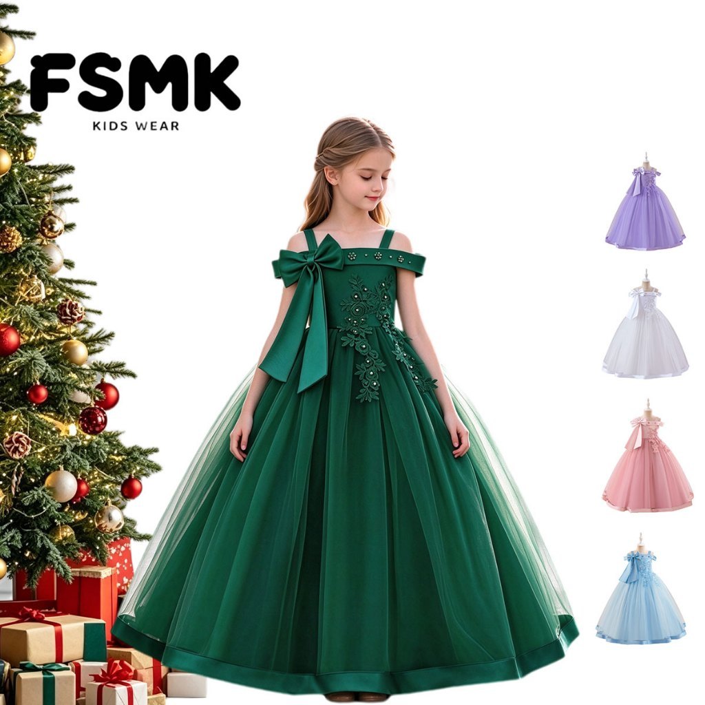 Imagem Vestido Longo De Tule Para Concurso De Meninas De 4 A 14 Anos , Infantil Bordado De Renda Festa De Casamento FSMK ALP-00
